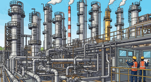 Industrial Oil Refinery Complex with Workers Overseeing Operations