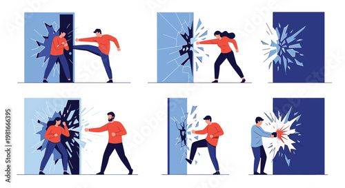 Collection of scenes shows various strong characters breaking through barriers and glass walls using punches and kicks in dynamic action poses.