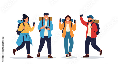Four excited young hikers with backpacks and sleeping rolls stand together while taking selfies and photos with smartphones and a camera.