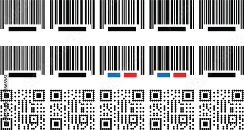 Barcodes and QR codes are arranged in a grid pattern to represent modern data tracking and digital identification systems.