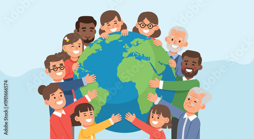 Diverse group of happy people of all ages hugging the Earth globe, symbolizing global unity, community, and environmental care.