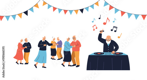 Group of active senior citizens enjoys a lively dance party with music played by an elderly DJ wearing glasses and headphones at his deck.