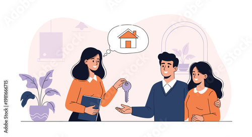 Professional real estate agent smiles while handing over a house key to a joyful young couple who are dreaming of their new home together.