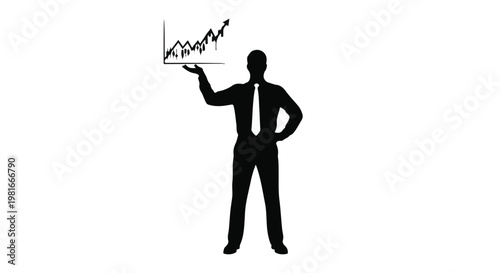 Businessman silhouette stands confidently while holding a digital chart that represents positive financial growth and successful corporate development within a professional work environment setting.