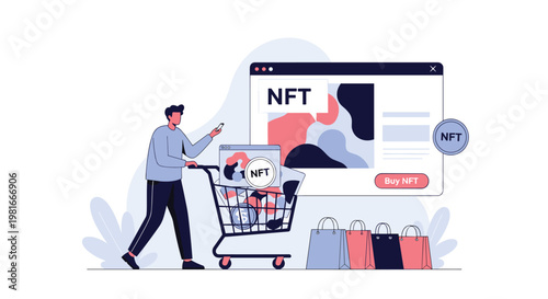 Young man uses a shopping cart to collect digital NFT art while interacting with an online marketplace interface on his smartphone.