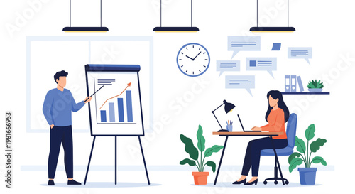 Professional office environment features a man giving a presentation with a chart while a colleague works on a laptop at her desk.