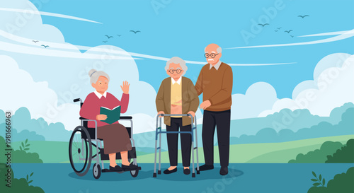 Group of senior citizens enjoys a sunny day in a beautiful green park while using mobility aids like a wheelchair and a walker.