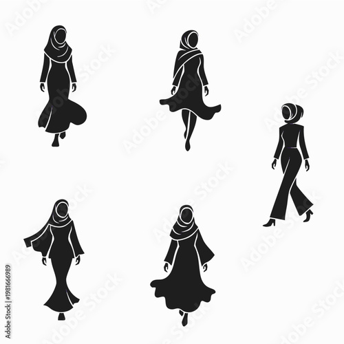 A vector silhouette of a Muslim woman walking from the side