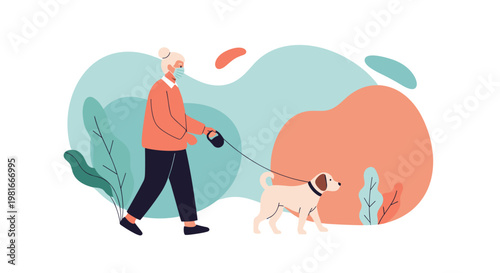 Elderly woman stays active and safe by wearing a protective face mask while taking her dog for a walk in a colorful outdoor setting.