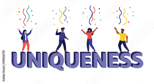 Diverse group of happy young people celebrate their individuality while standing on the giant 3D word UNIQUENESS under falling confetti.