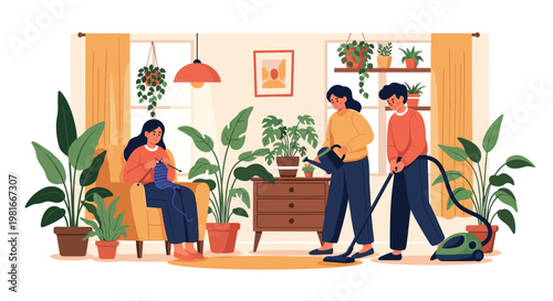 Cozy home scene shows a family working together on chores like vacuuming and watering plants while the mother relaxes with knitting.