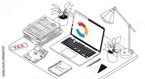 A cluttered desk with a laptop, papers, and office supplies, surrounded by plants and a lamp, for tax and financial planning.