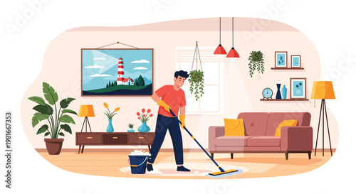 Young man takes pride in his home by thoroughly mopping the floor in a bright and well-decorated living room with many plants.