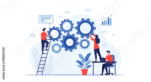 Collaborative team of professionals works together to manage and align giant interconnected gears to represent an efficient business process.