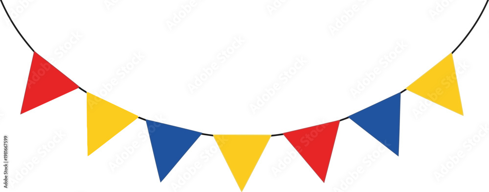 Fototapeta premium Colorful triangular flags strung on a wire, perfect for festive decorations and celebrations