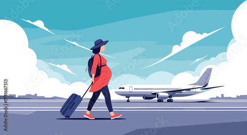Independent pregnant woman carries a backpack and pulls a suitcase as she walks across the tarmac toward a waiting airplane for her trip.