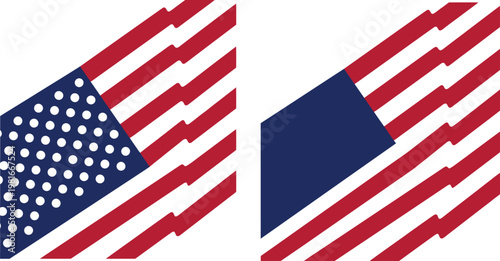 American flags are depicted as two distinct diagonal banners featuring striped patterns and star motifs on a white background.