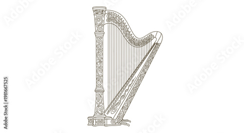 Ornate Celtic Harp Illustration - Musical Instrument Detail