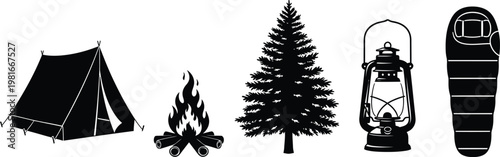 Black silhouette of camping equipment and nature tent campfire pine tree lantern