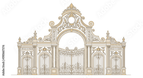 Ornate Palace Gateway with Detailed Ironwork and Architectural Flourishes