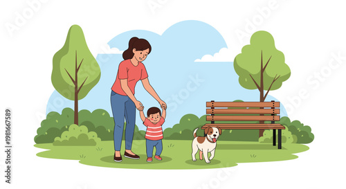 Encouraging mother supports her young son as he takes his first steps on a grassy lawn in a park with their pet dog nearby.