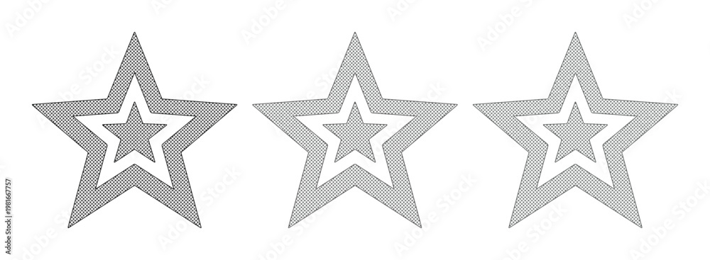Fototapeta premium Minimalist grey star icons set, three decorative outline stars in a row, simple geometric star vector elements for rating and ranking systems