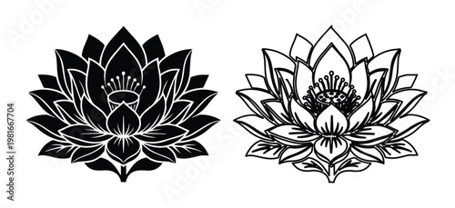 Lotus flower vector icons, black and white floral silhouettes, blooming water lily line art, botanical zen garden symbols for yoga and wellness