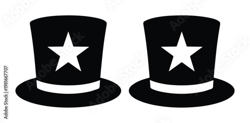 Patriotic Uncle Sam top hat icons, black and white American star cylinder hats, set of 2 vector silhouettes for Fourth of July and election graphics