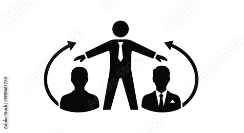 Manager icon showing a central authority figure overseeing two subordinates with rotating arrows indicates the strategic delegation of tasks, human resource management, and team leadership.