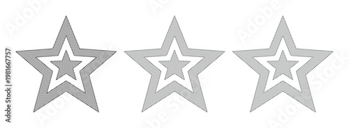 Minimalist grey star icons set, three decorative outline stars in a row, simple geometric star vector elements for rating and ranking systems
