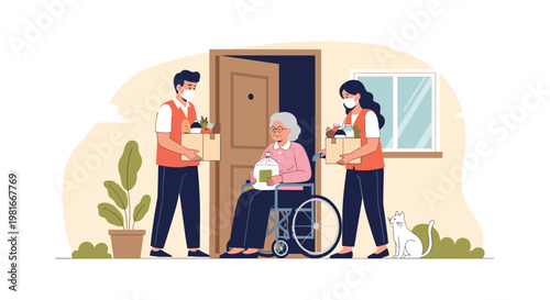 Dedicated young volunteers wearing protective masks deliver essential groceries to a senior woman in a wheelchair at her front door.