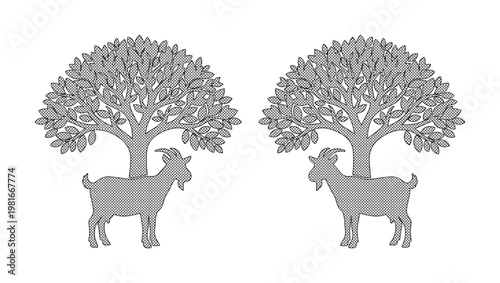 Symmetrical goat and tree silhouettes, grey animal and nature vector icons, minimalist livestock and foliage illustrations for logo design
