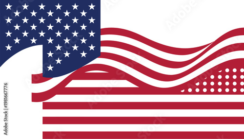 American flag elements are displayed with a stylized wave pattern and stars over a clean white background for patriotic.