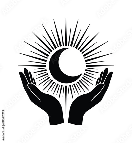 Mystical celestial moon and sunburst held by human hands, black silhouette occult symbol vector, spiritual astrology and tarot graphic element