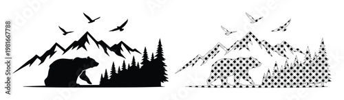 Rustic mountain bear silhouette vector set, black wilderness landscape with grizzly and pine trees, outdoor adventure nature scene icons