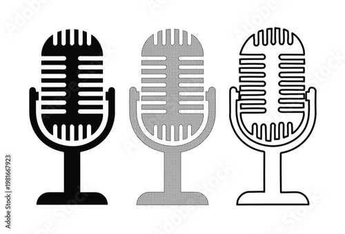 Vintage retro microphone vector set, classic radio broadcast mic icons in black and grey, 3 professional podcasting equipment elements for audio recording