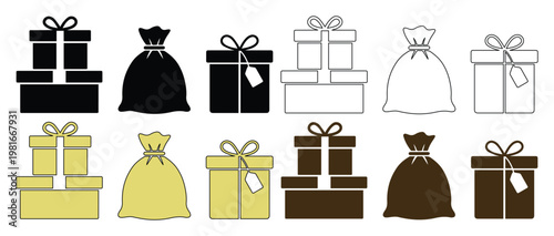 Minimalist gift box icons and holiday present sacks, 12 vector elements in black, gold, and brown, flat line art gift packaging for retail and Christmas