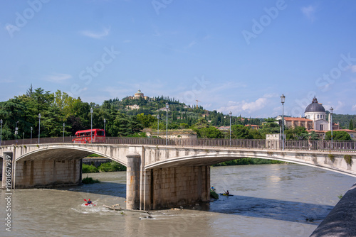 View of the Garibaldi Bridge (Ponte Garibaldi) and the Adige river (Fiume Adige) in Verona, Italy.