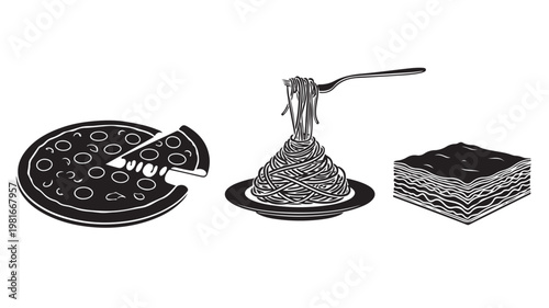 Black and white pizza slice, spaghetti on plate, and chocolate cake for food concepts