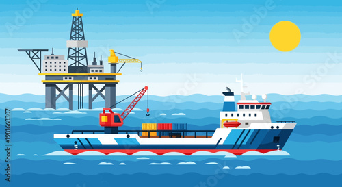 Offshore oil rig and supply vessel in ocean, industrial marine transportation and energy production