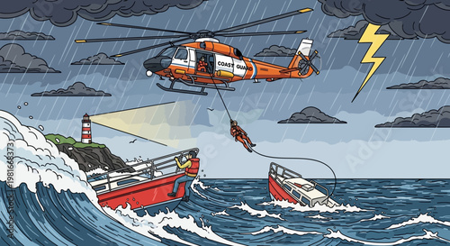 Coast Guard helicopter rescues people from sinking boat during stormy seas and lightning.