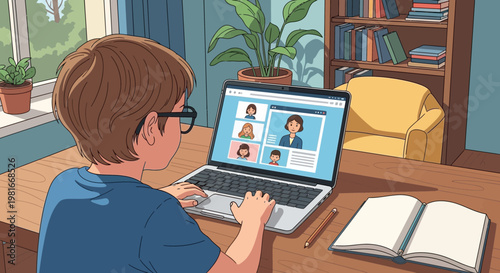 Boy learning online via video call on laptop, homeschooling, remote education, digital classroom
