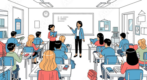 Diverse students learning in a modern classroom with teachers at whiteboard