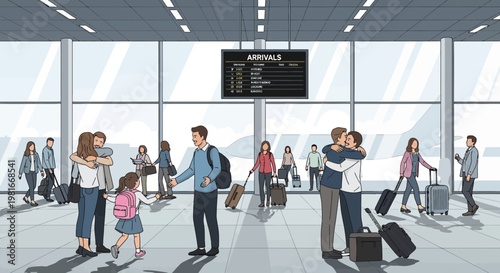 Airport Arrivals Hall: Diverse Travelers Hugging, Greeting, and Traveling with Luggage