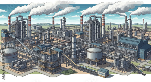 Industrial Chemical Plant with Smoke Stacks and Complex Piping System