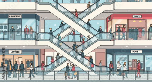Busy Shopping Mall Interior with Escalators and Shoppers, Pixel Art Style
