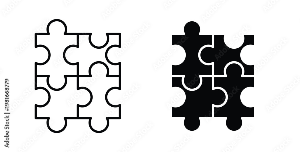 Fototapeta premium Puzzle piece icon pack flat black, Editable line icons