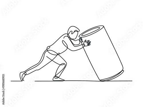 A man pushing a large cylinder or tube with both hands in a dynamic line drawing style illustration