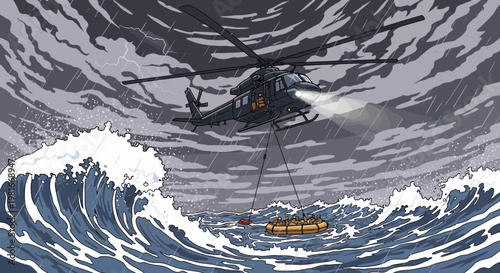 Helicopter rescue mission in stormy sea, pixel art style, people in life raft