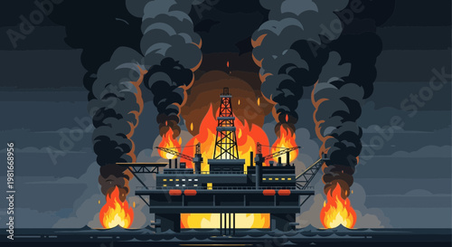 Oil Rig Fire Disaster: Platform engulfed in flames and smoke, industrial accident, ocean emergency.